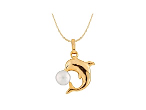 5-5.5mm Cultured Freshwater Pearl 14k Yellow Gold Dolphin Pendant With Chain