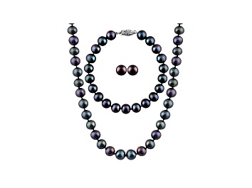 Picture of 7-7.5mm Black Cultured Freshwater Pearl Sterling Silver Jewelry Set