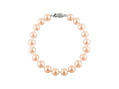 7-7.5mm Pink Cultured Freshwater Pearl Rhodium Over Sterling Silver Line Bracelet 8 inches
