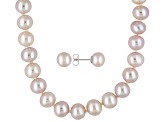 7 To 8mm Pink Cultured Freshwater Pearl Sterling Silver 18 inch Necklace & Stud Earring Jewelry Set