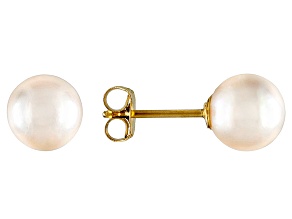 6.5 To 7mm White Cultured Japanese Akoya Pearl 14k Yellow Gold Stud Earrings