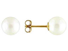 Womens 7mm Round White Cultured Japanese Akoya Pearl 14kt Yellow Gold Stud Post Earrings