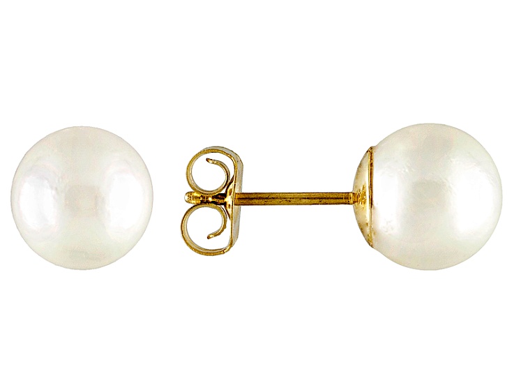 7.5 To 8mm White Cultured Japanese Akoya Pearl 14k Yellow Gold Stud Earrings