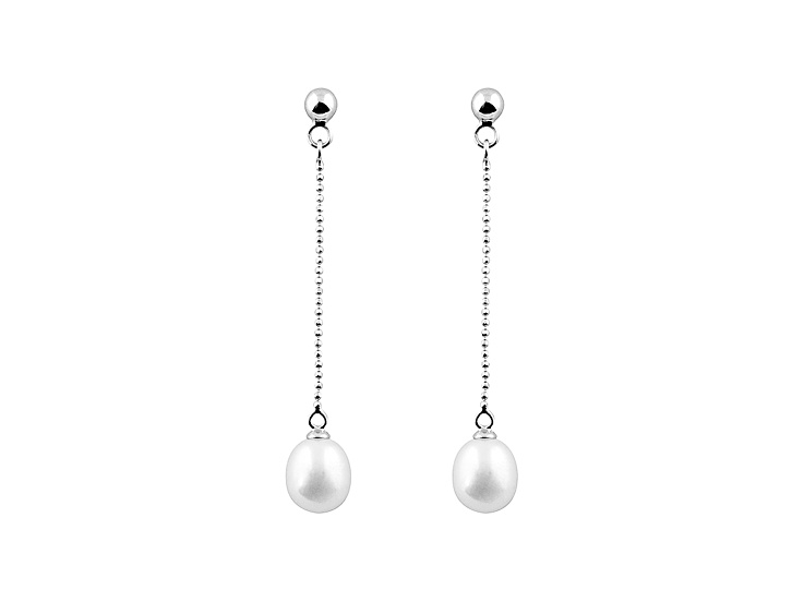7-8MM WHITE DROP CULTURED FRESHWATER PEARL RHODIUM OVER SILVER LONG DANGLE EARRINGS