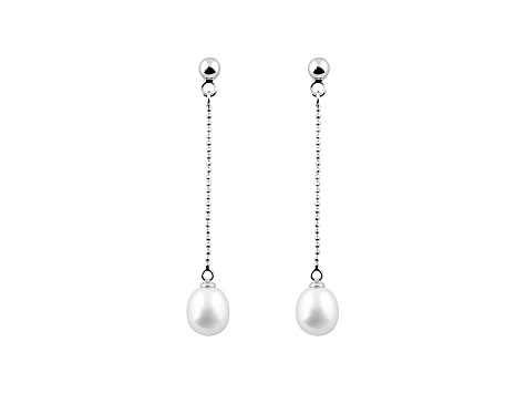 7-8MM WHITE DROP CULTURED FRESHWATER PEARL RHODIUM OVER SILVER LONG DANGLE EARRINGS