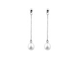 7-8MM WHITE DROP CULTURED FRESHWATER PEARL RHODIUM OVER SILVER LONG DANGLE EARRINGS