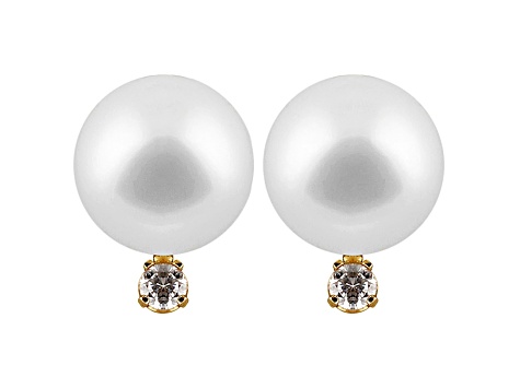 White Cultured Freshwater Pearl Diamond Accent 14k Yellow Gold Earrings