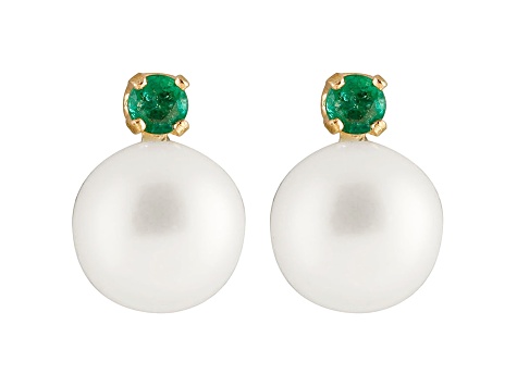 Cultured Freshwater Pearl .1ctw Emerald 14k Yellow Gold Stud Earrings