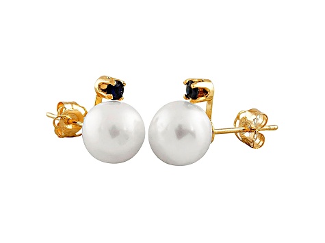 Cultured Freshwater Pearl .1ctw Sapphire 14k Yellow Gold Stud Earrings