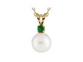 Cultured Freshwater Pearl .05ctw Emerald 14k Yellow Gold Pendant With Chain