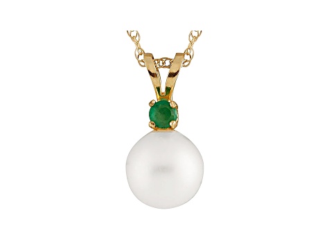Cultured Freshwater Pearl .05ctw Emerald 14k Yellow Gold Pendant With Chain