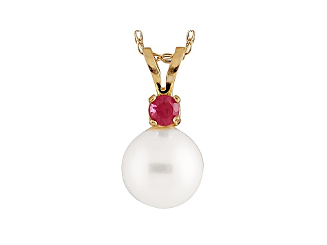 Cultured Freshwater Pearl .05ctw Ruby 14k Yellow Gold Pendant With Chain