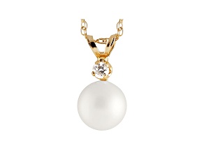 7-7.5MM WHITE CULTURED FRESHWATER PEARL .05CTW DIAMOND 14K YELLOW GOLD PENDANT WITH 18 INCH CHAIN