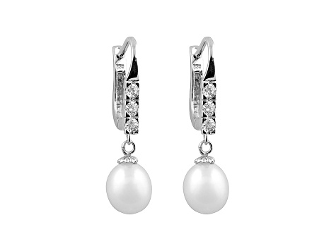 Cultured Freshwater Pearl .24ctw Cubic Zirconia Rhodium Over Silver Earrings