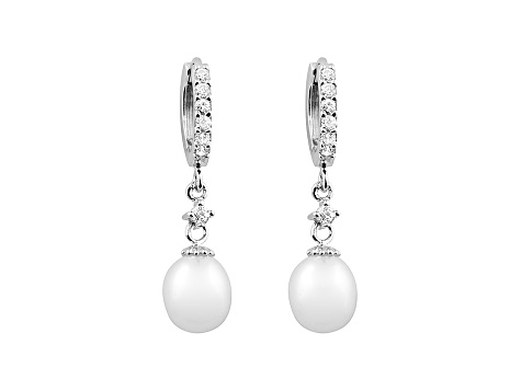 7.5-8mm Cultured Freshwater Pearl .24ctw White Cubic Zirconia Rhodium Over Silver Dangle Earring