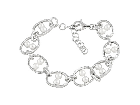White Cultured Freshwater Pearl Sterling Silver Link Bracelet