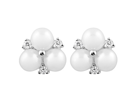 White Cultured Freshwater Pearl With Cubic Zirconia Rhodium Over Sterling Stud Earring