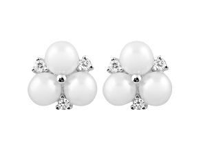 White Cultured Freshwater Pearl, Diamond Simulant Silver Earring