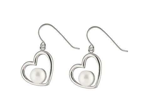 Pearlfection® White Cultured Freshwater Pearl Rhodium Over Silver Heart Dangle Earring