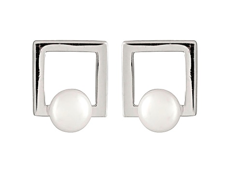 White Cultured Freshwater Pearl Rhodium Over Silver Geometric Earring