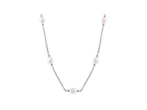 White Cultured Freshwater Pearl Rhodium Over Silver Station Necklace