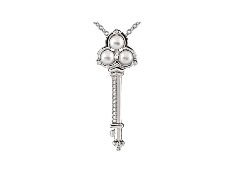 White Cultured Freshwater Pearl Rhodium Over Silver Key Pendant With Chain