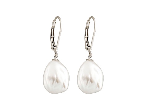 Baroque White Cultured Freshwater Pearl Rhodium Over Silver Earring