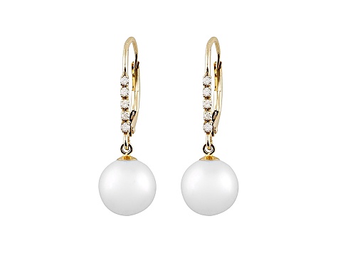 White Cultured Freshwater Pearl, Diamond 14k Gold Leverback Earring