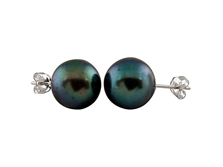 9-9.5mm Black Cultured Freshwater Pearl 14k White Gold Stud Earrings