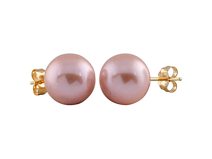 9-9.5mm Purple Cultured Freshwater Pearl 14k Yellow Gold Stud Earrings