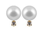 7-7.5mm Cultured Japanese Akoya Pearl With Diamond 14k Yellow Gold Stud Earrings