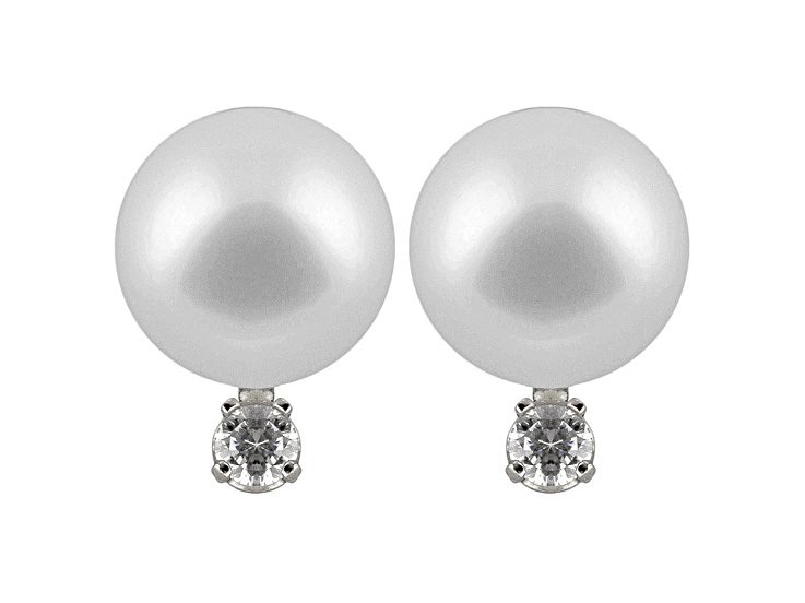 7-7.5mm Cultured Japanese Akoya Pearl With Diamond 14k White Gold Stud Earrings