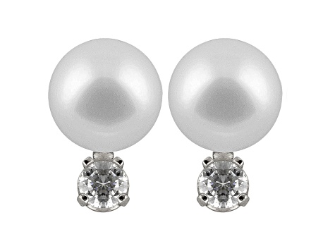 8-8.5mm Cultured Japanese Akoya Pearl With Diamond 14k White Gold Stud Earrings