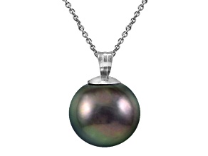 Rhodium Over Sterling Silver 11mm Tahitian Cultured Pearl Pendant With Chain.