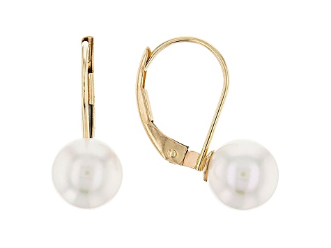 14k Yellow Gold 7-8mm White Cultured Japanese Akoya Pearl Leverback Earrings