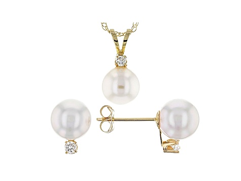 14k Yellow Gold 6-7mm Cultured Japanese Akoya Pearl and Diamond Accents Pendant And Earrings Set