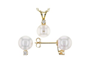 14k Yellow Gold 6-7mm Cultured Japanese Akoya Pearl and Diamond Accents Pendant And Earrings Set