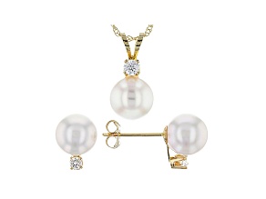 14k Yellow Gold 7-8mm Cultured Japanese Akoya Pearl And Cz Earring And Pendant Set 18 inch Chain