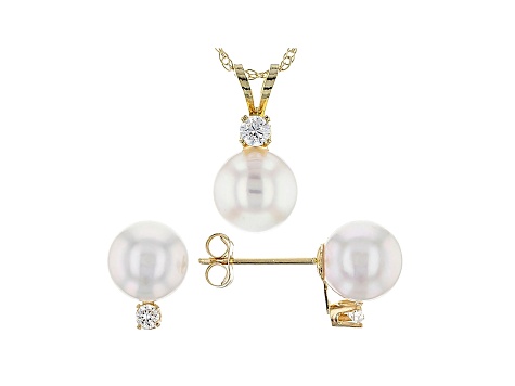 14k Yellow Gold 7-8mm Cultured Japanese Akoya Pearl And Cz Earring And ...