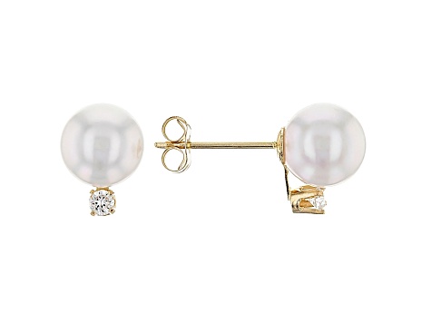 14kt Yellow Gold 6-7mm Cultured Japanese Akoya Pearl And Diamond Earrings
