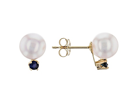 14k Yellow Gold 7-8mm Cultured Japanese Akoya Pearl And Sapphire Earrings