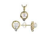 14k Yellow Gold 5-5.5mm Cultured Japanese Akoya Pearl And Diamond Earrings And Pendant Set