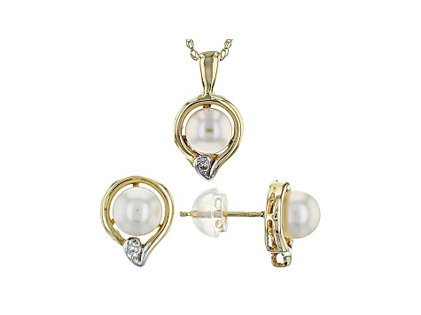 14k Yellow Gold 5-5.5mm Cultured Japanese Akoya Pearl And Diamond Earrings And Pendant Set