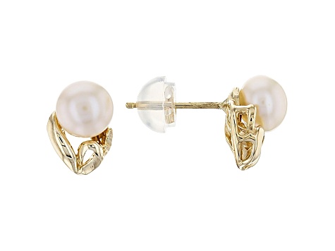 14k Yellow Gold Childrens White Cultured Freshwater Pearl Earrings