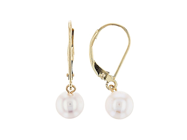 14kt Yellow Gold 7-8mm White Cultured Japanese Akoya Pearl Leverback Earrings