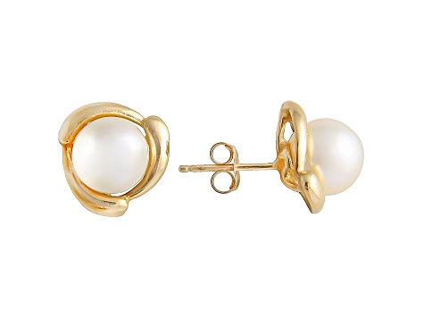 White Cultured Japanese Akoya Pearl 14k Yellow Gold Earrings 7-8mm
