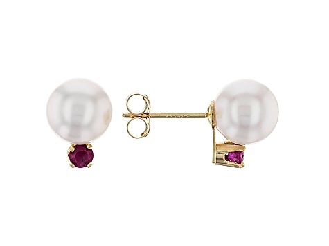 14k Yellow Gold 7-8mm Cultured Japanese Akoya Pearl And Ruby Earrings