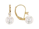 14k Yellow Gold 7-8mm White Cultured Japanese Akoya Pearl And Diamond Leverback Earrings
