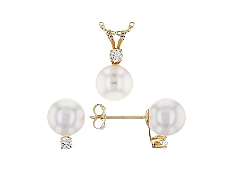 14k Yellow Gold 7-8mm Cultured Japanese Akoya Pearl And Diamond Earrings And Pendant Set