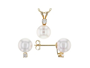 14k Yellow Gold 7-8mm Cultured Japanese Akoya Pearl And Diamond Earrings And Pendant Set